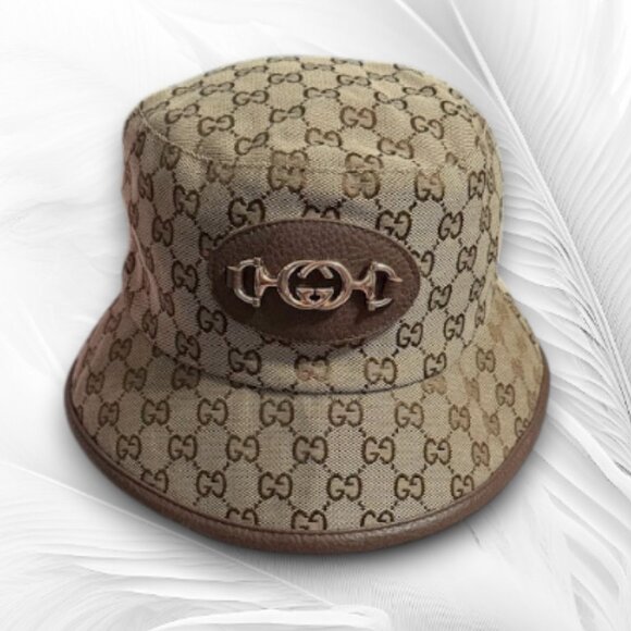 Gucci Accessories - Gucci GG Supreme Monogram Bucket Hat Horsebit Gold Logo Beige Brown Italy
